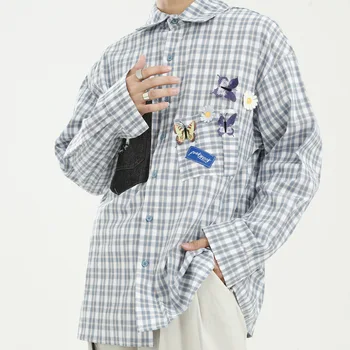 

Male Women Streetwear Fashion Hip Hop Loose Shirts Men Retro Stitch Butterfly Cloth Plaid Long Sleeve Casual Shirt