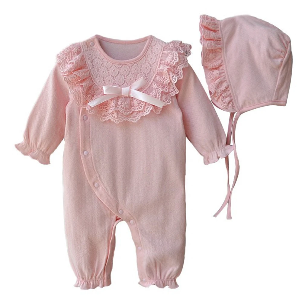 Lace Baby Clothing Spring Autumn Winter Female Baby Newborn Style Jumpsuit 0-3 Months Cotton Romper+Hat 2Pcs Spring Wear Clothes