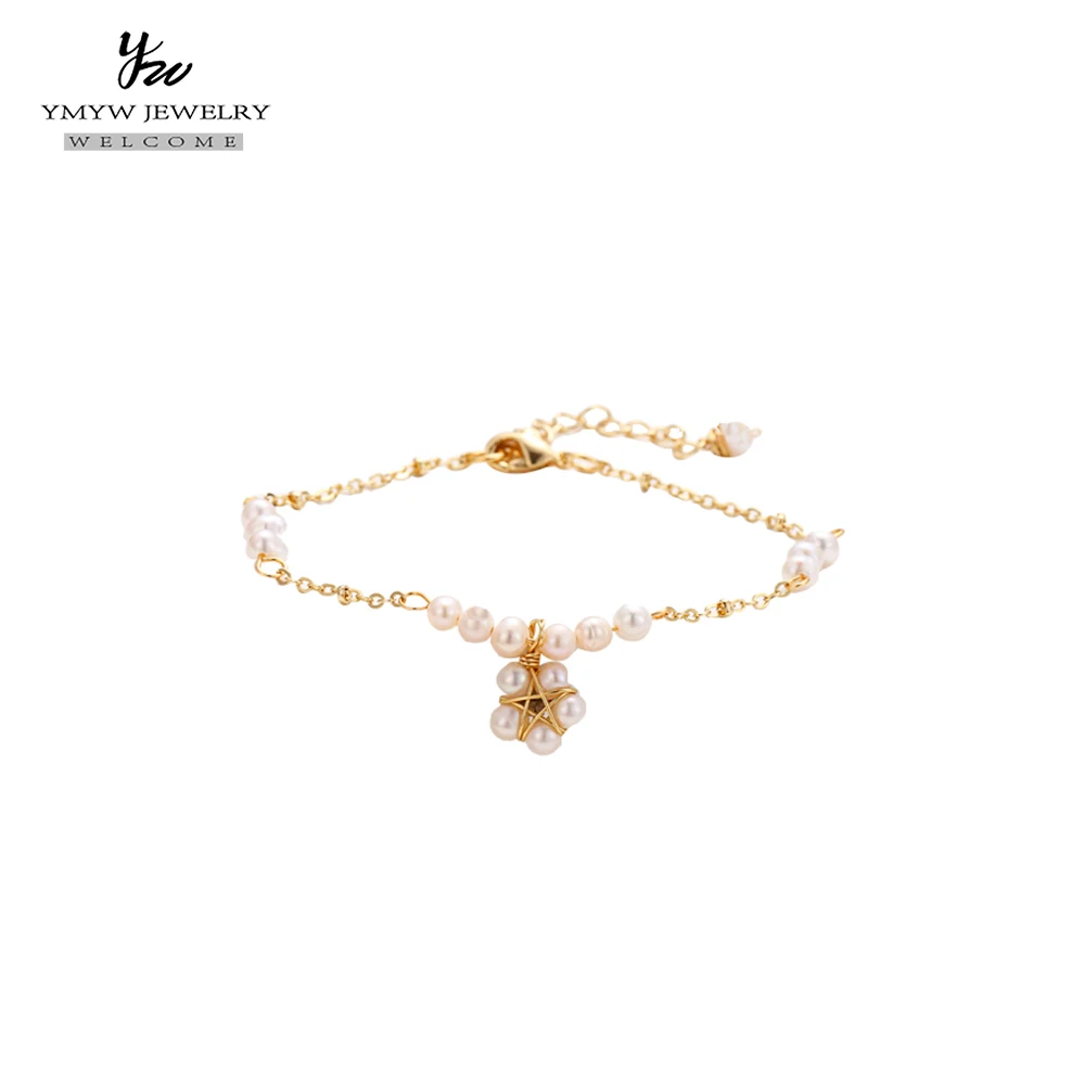 

YMYW Exquisite Temperament Natural Pearls Bracelet Star Geometric Charm Copper 14 k Plated Gold Bangles for Women Pulseras Mujer