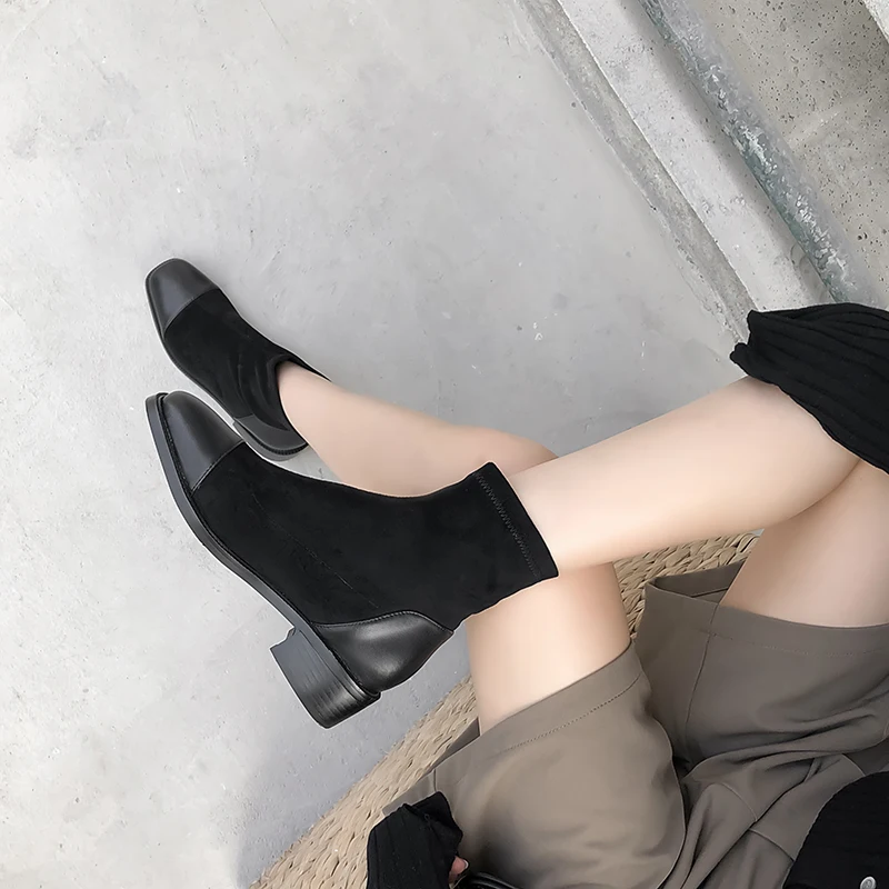 

INS hot women ankle boots Plus size 22-26.5cm Leather fleece stitching cowhide Spring and autumn hot wild stretch boots fashion