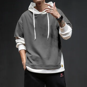 

Dropshipping Mens Sport Hooded Cotton Sweatshirt Men Patchwork Fake Two Pieces Hoodies 2020 Casual Pocket Male Pullover