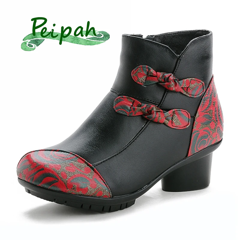 

PEIPAH National style Women High Heeled Ankle Boots Patchwork Zip Winter Botines Mujer Casual Retro High heels Mother Shoes