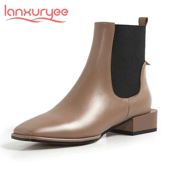 

Lanxuryee new three colors genuine leather square toe med heel stretch boots young lady dating French romantic ankle boots L58