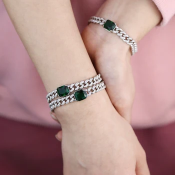 

Hip Hop Bling Iced Out Miami Link Chain Cuban Bracelet For Women Filled Green Baguette Cz Wedding Gift 2020 New