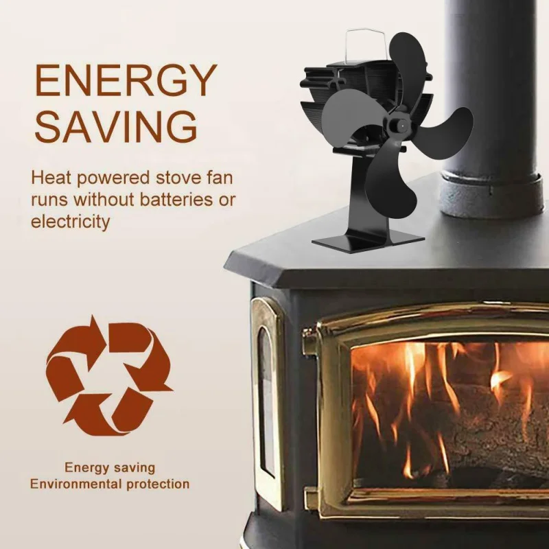Бытовой черный камин 4 лопасти вентилятор для печи, работающий от тепловой энергии бревна деревянная горелка экологичный тихий вентилятор дома эффективное распределение тепла