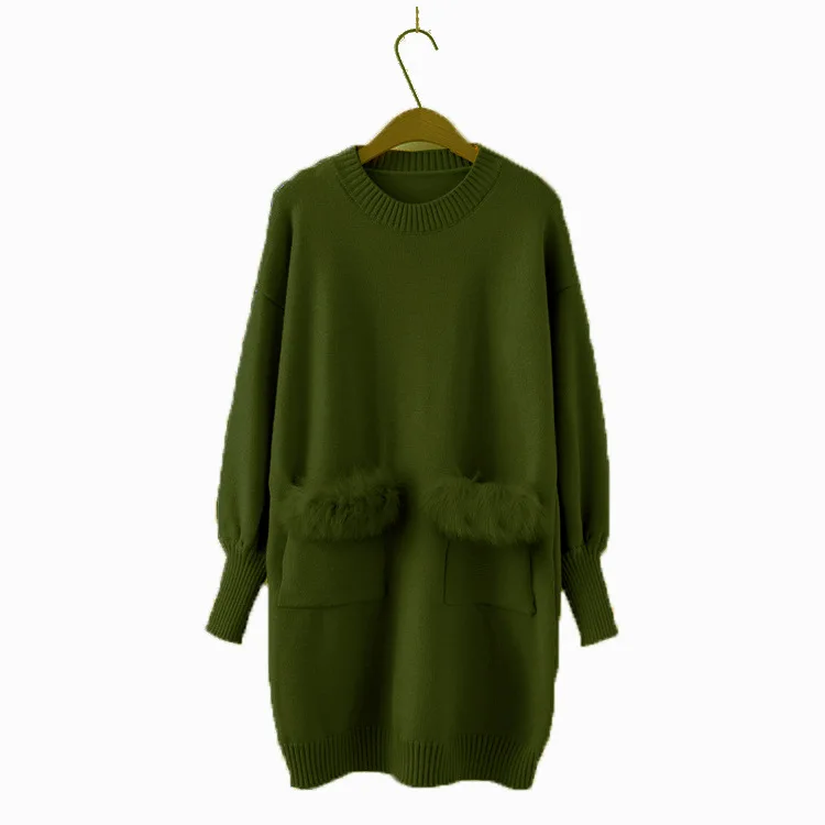 Длинный трикотажный свитер, свободный Женский пуловер с длинными рукавами из искусственного меха, кроличья шерсть, двойной пуловер с карманами, платье, топы - Цвет: Зеленый