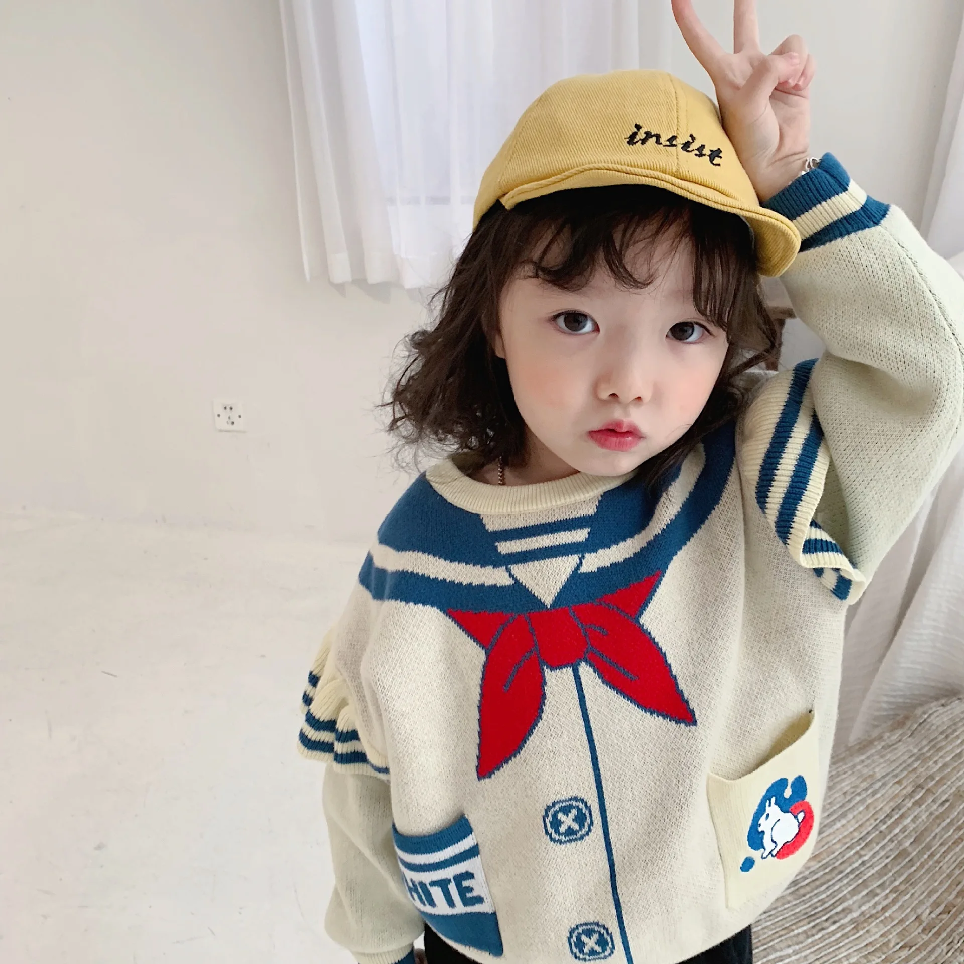 Tonytaobaby/новая зимняя детская одежда для девочек, плюшевый свитер в морском стиле для девочек, свитер для малышей