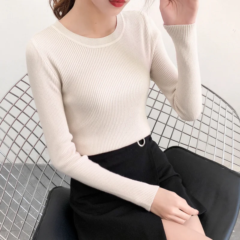 

Autumn Winter Women Long Sleeve Sweaters Solid Colors O-Neck Pullovers Tops 2019 New Elastic Slim Knitted Tops Basic Sweater