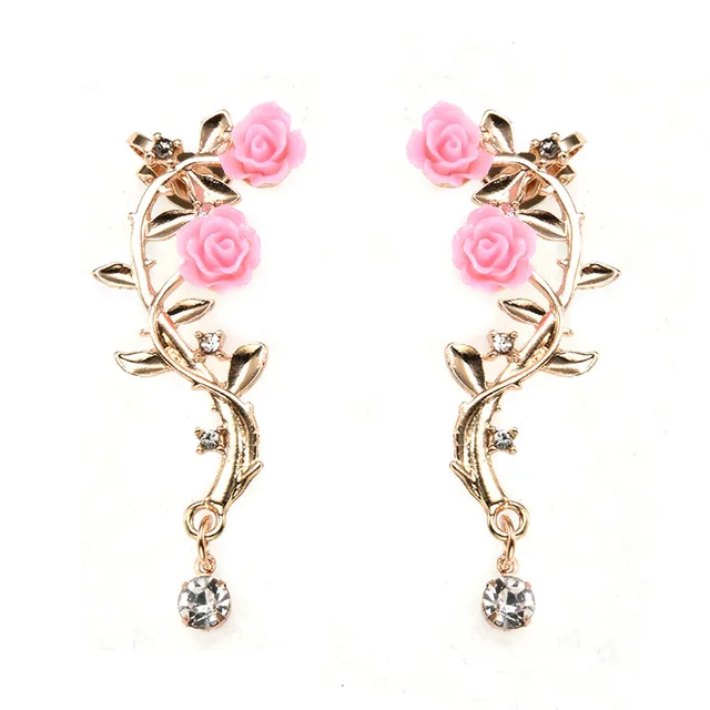 New Fashion Rose Leaf Flower Ear Stud Cuff Earring Lady Gold Pink  Women Jewelry Pendientes Princesas Boucle D'oreille Cristal ED337