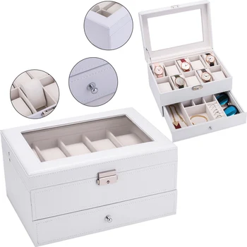

Watch Box with Drawer ,10 Slot Luxury Watch Case Display Organizer,Lockable Jewelry Display Case with Real Glass Top