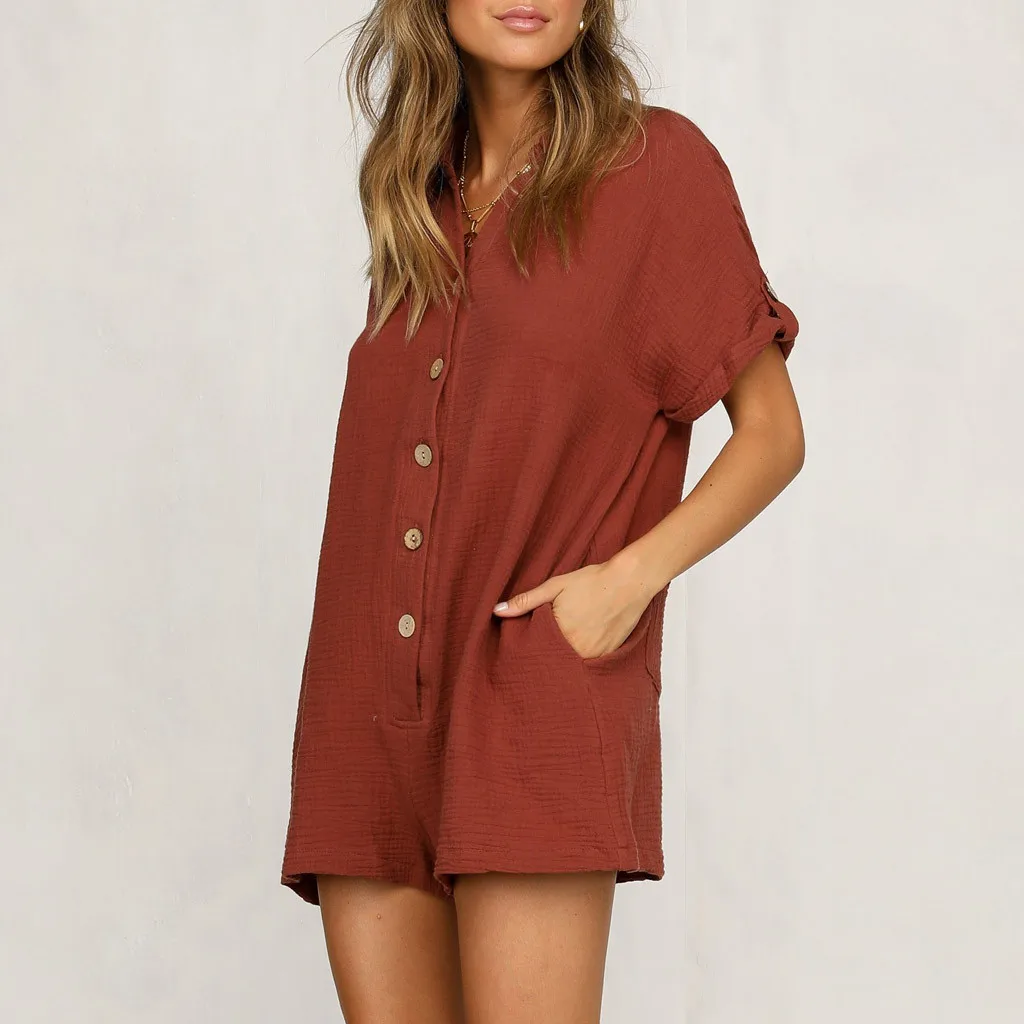 Сплошной VoguePlaysuit женский модный отложной воротник комбинезон для женщин однобортный короткий рукав комбинезон женский s комбинезон