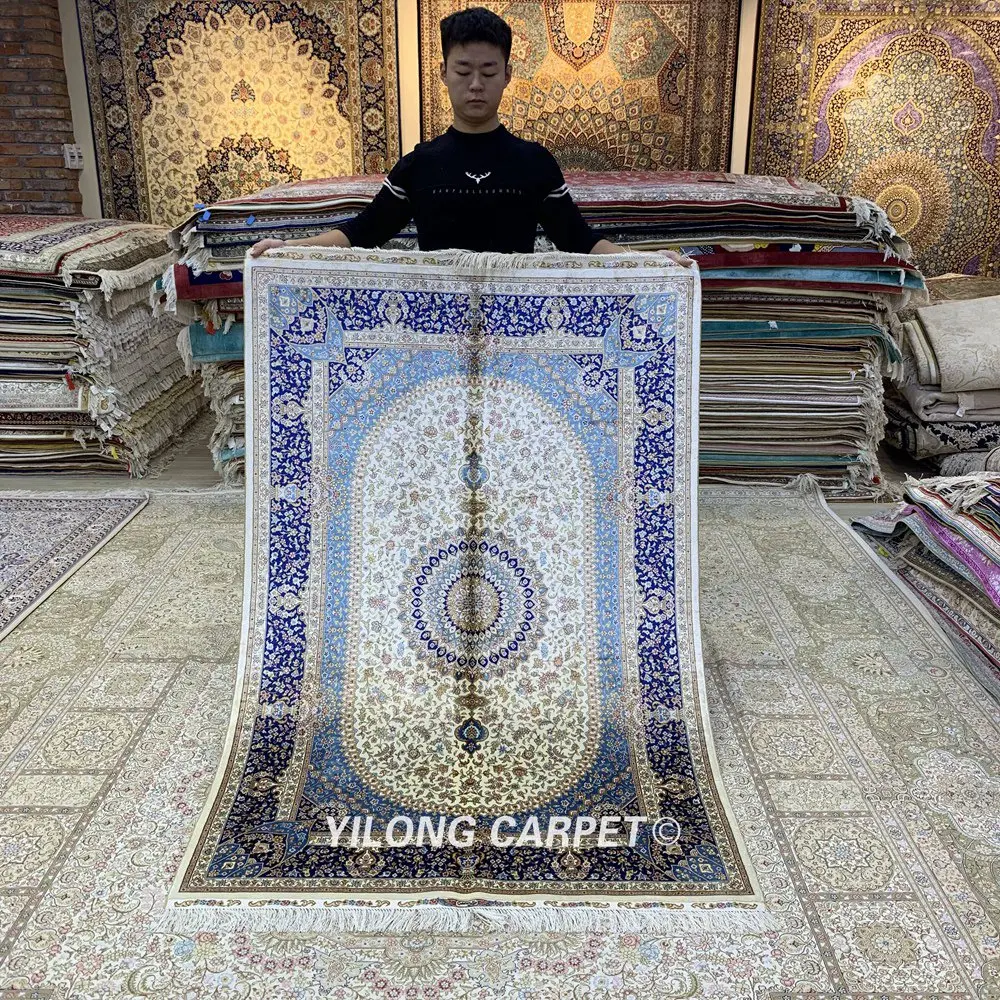 Yilong 4'x6' ручной работы персидский синий ковры турецкий медальон изысканный Шелковый ковер(ZQG365A