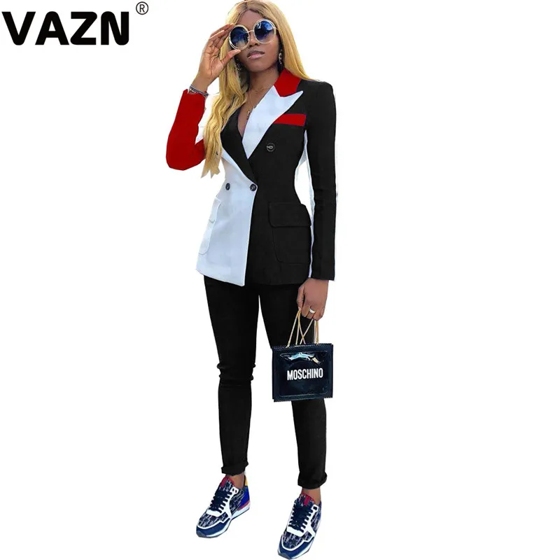 Черный VAZN,, для молодых людей, в стиле пэчворк, для офиса, неопрятный, сексуальный комплект, полный рукав, блейзер, топ, группа, длинные штаны, тонкий женский комплект из 2 предметов - Цвет: Черный