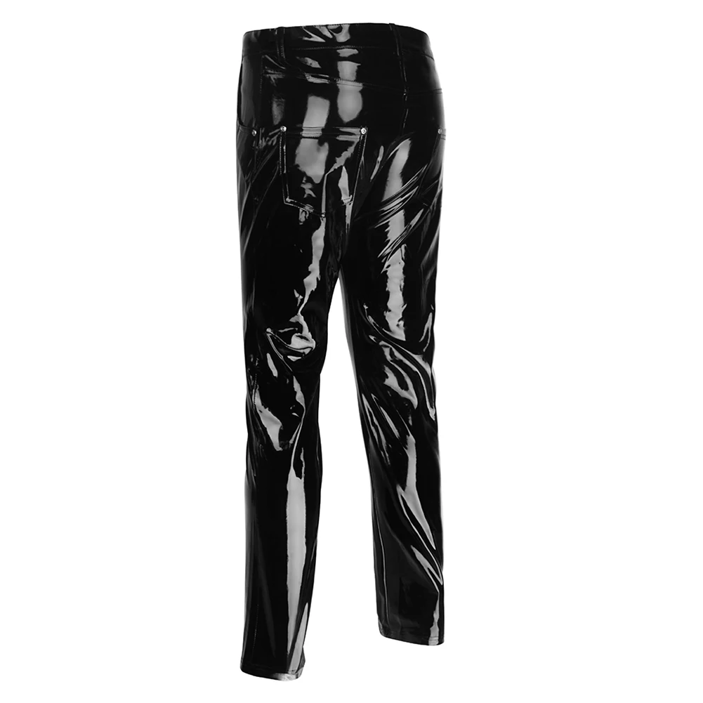 Men Wet Look Exotic Leather Pants Punk Style Biker Trousers Glossy Patent Leather Trousers Nightclub Dancer Pants