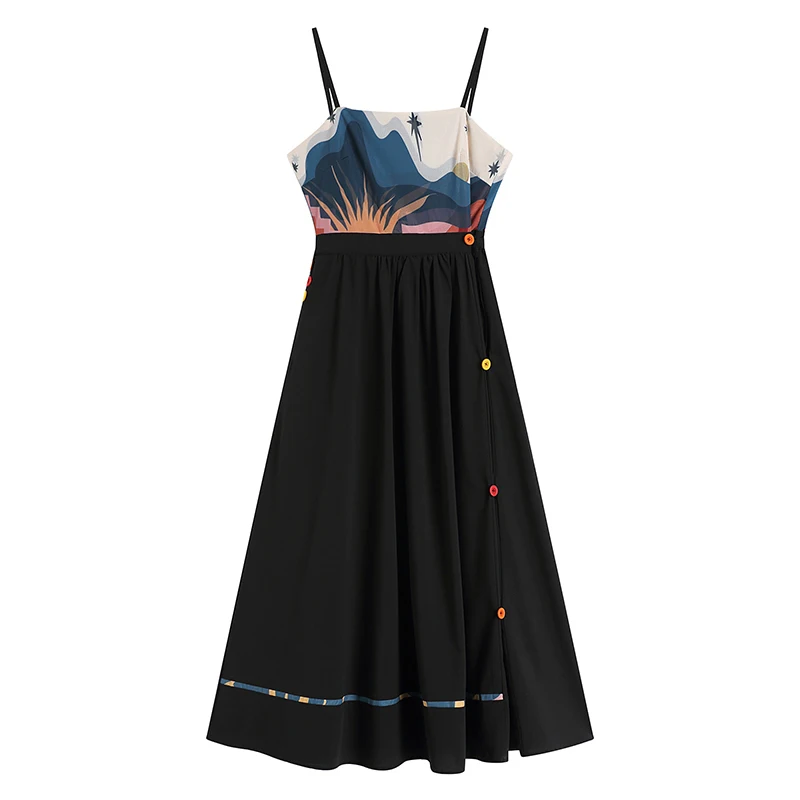 [EAM] Women Black Pattern Printed Long Spaghetti Strap Dress New Sleeveless Loose Fit Fashion Tide Spring Summer 2020 1DA358