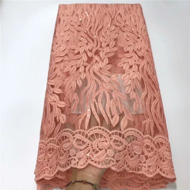 

2019 Latest Peach Color French Africa Lace Fabric High Quality African Embroidered Tulle Lace Fabric For sequins Wedding Dress