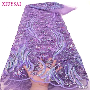 

african lace fabric 2020 high quality lace french net Embroidery purple sequins african french lace for women dress SL1200