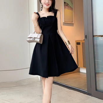 

Women luxury brand summer black dress new 2020 designer spaghetti strap mini dress red holiday umbrella fit and flare dresses