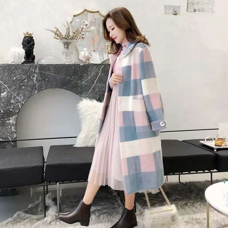 

like Mink Mid-length Lattice Overcoat Cardigan Women 2019 Autumn and Winter New Style Korean-style Loose Hooded Sweater Coat