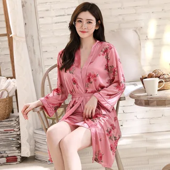 

2 Pieces/set M-XXL Robe Suit Spring, Summer and Autumn Sexy Nightdress, Ladies Ice Silk Pajamas, Bathrobe, Home Service E51