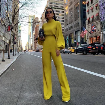 

Elegant Jumpsuit 2020 Women Autumn Solid Color Turtleneck Lantern Sleeve Slim Tunic Flared Jumpsuit Casual Office Ladies Rompers