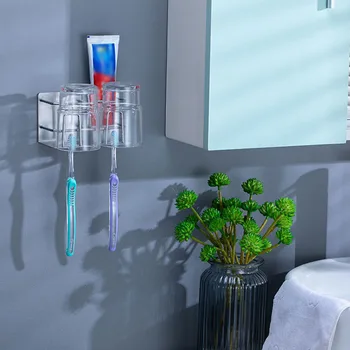 

Storage Rack Wall-mounted Toothbrush Holder Bathroom Self Adhesive Cup Accessories Toothpaste Hanger Stainless Steel
