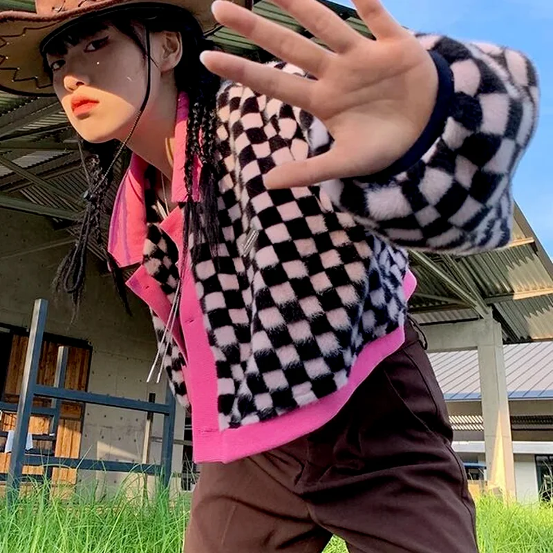 

Harajuku Checkerboard Sweater Autumn New Cropped Cardigan Women Contrast Color Streetwear 2024 Korean Fashion Outwear Y2k Tops