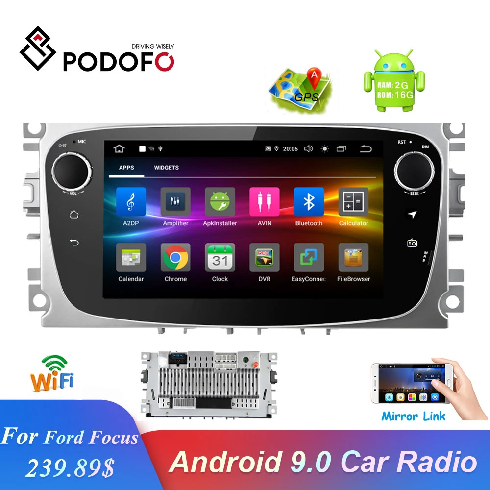 

Podofo 2 Din Android 9.0 Car Multimedia Player Autoradio 7'' Car Radio GPS 2G RAM For Ford Focus Mondeo Kuga C-MAX S-MAX Galaxy