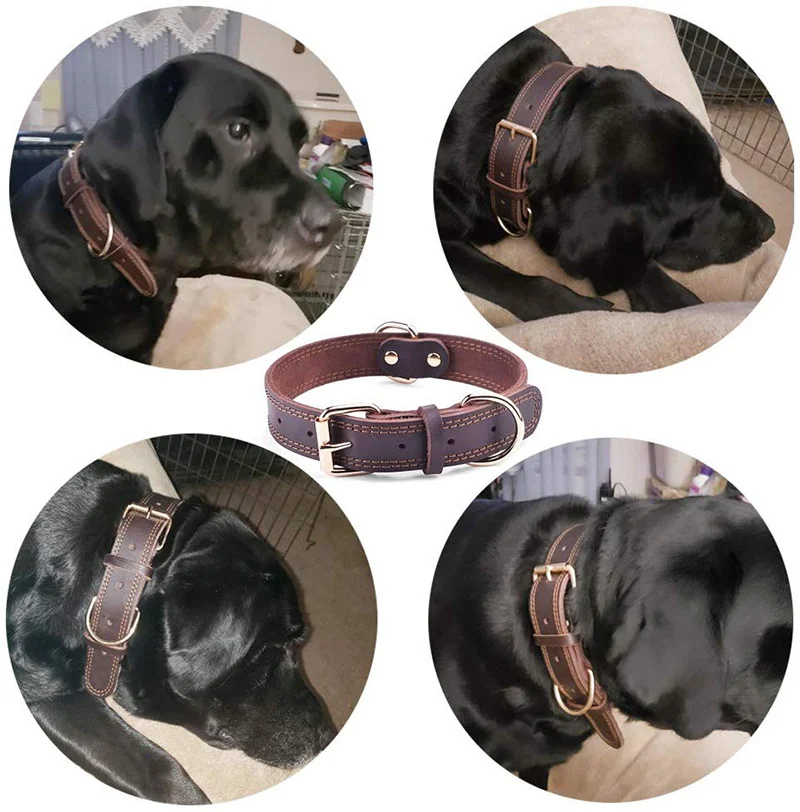 Benepaw Quality Genuine Leather Dog Collar Durable Vintage Heavy-duty Rustproof Double D-Ring Pet Collar For Medium Large Dogs