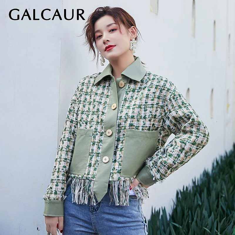 

GALCAUR Hit Color Plaid Tweed Female Jacket Lapel Collar Long Sleeve Patchwork Tassel Coat Women Fashion New Autumn 2019 Tide