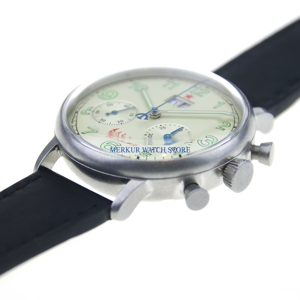 

Red Star Mens Big Date Pilot Watch Mechanical Chronograph For Seagull Movement Flieger B-uhr Serve the People Calendar