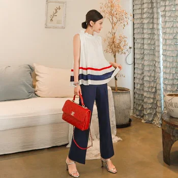 

Elegant Korean OL Fashion Women Two Pieces Set Sexy white stripe sleeveless Top and Ankle Length wide-leg Pants Office Lady Suit