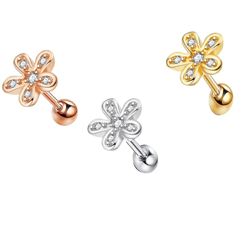 High Quality Flower Zircon Ear stud Screw Cartilage Earrings Tragus Piercing Body Daith Jewelry Wholesales Cheap Price Stud | Украшения и