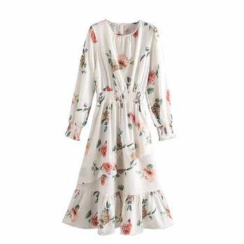

Ma & go women's dress autumn and winter 2019 pleated flower print round neck puff ssleeve waist long straight simple dress