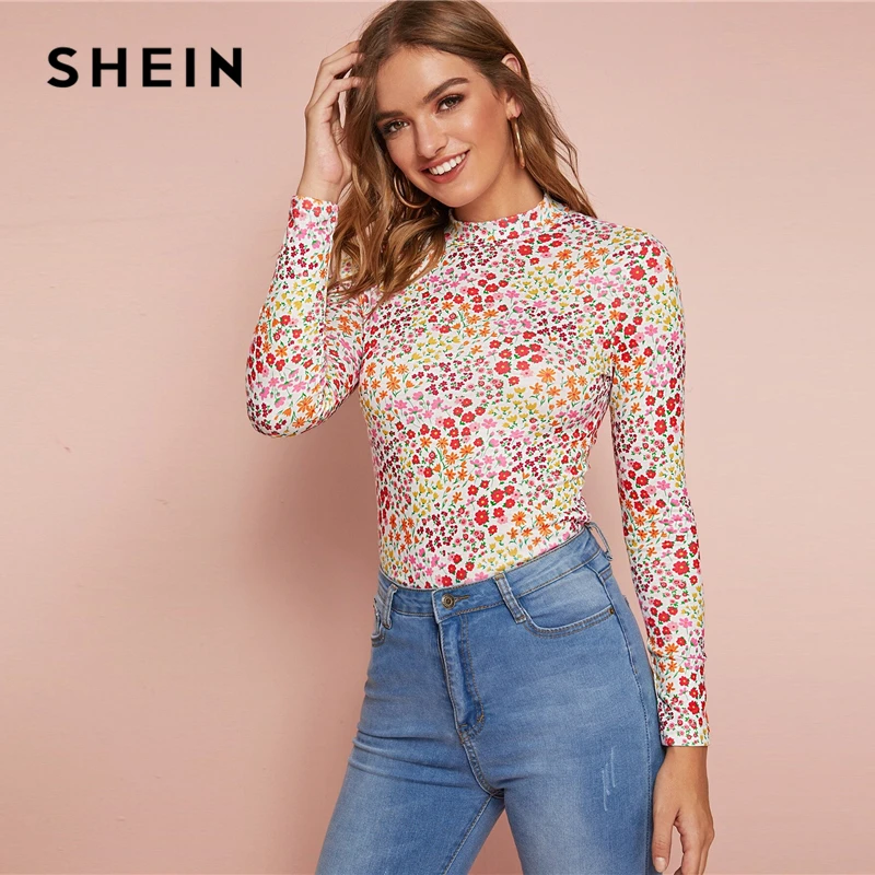 SHEIN, многоцветная Футболка с воротником-стойкой и цветочным принтом, Женская Осенняя футболка с коротким рукавом, офисные женские эластичные облегающие футболки