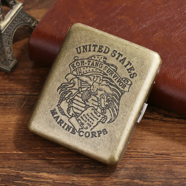 20 Sticks Black Matte Frosted Stainless Steel Metal Cigarette Case For Man Pocket Smoking Box With Gift Box Smoking Accessories Marine Corps