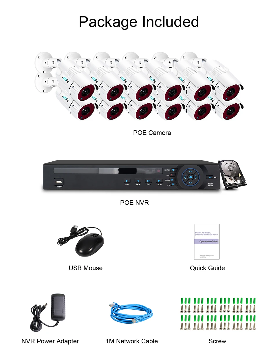 Zoohi 1080P 12CH комплект видеонаблюдения система безопасности камера наружного видеонаблюдения Система безопасности комплект POE камера система IP66