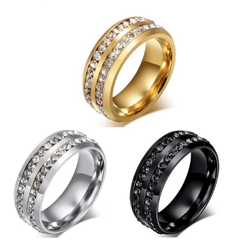 Male Punk Vintage Stainless Steel Jewelry Two Rows CZ Stone Wedding Ring for Man Woman