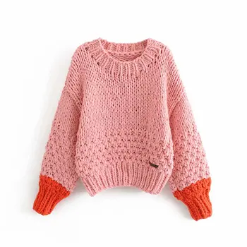 

women winter knitting sweater 2019 fashion girls ladies contrast color pink lantern full sleeve pullover female casual sweaters