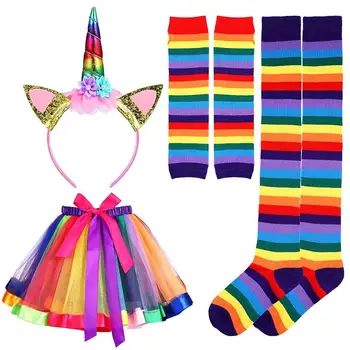 

4pcs/set Colorful Rainbow Comfortable Tutu Suit Unicorn Headband Stockings Gloves Gauzy Dress Princess Skirt for Toddlers Babies