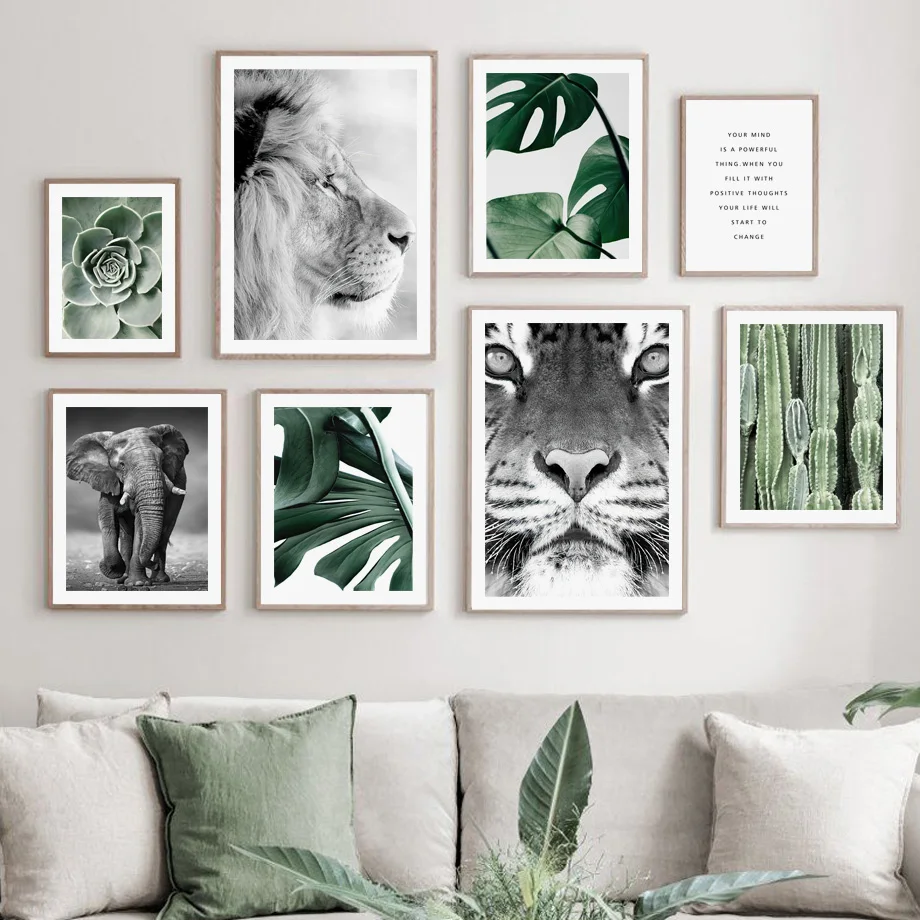 Lion-Tiger-Elephant-Nordic-Vintage-Poster-Green-plants-cactus-Wall-Art-Print-Canvas-Painting-Wall-Pictures (2)