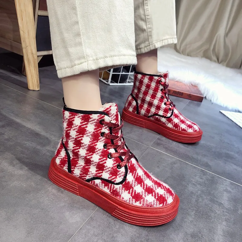

bottines hiver 2020 femme laarzen dames cross-tied martin boots Tartan Harajuku platform short plush winter boots women mixed