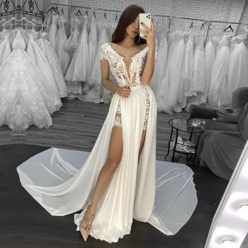 

Eightale Cap Sleeves Wedding Dress 2020 Appliques Lace A-Line V-Neck Side Split Chiffon Sexy Beach Bridal Dresses Wedding Gown