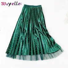 Черная бархатная длинная юбка Для женщин зимние блестящие звезды блестками юбка 2 боковых! Наденьте марлевую плиссированная юбка миди шикарный Зеленый Леггинсы; Рождественские юбки для