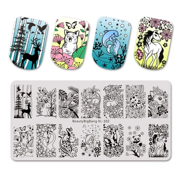 

BEAUTYBIGBANG Rectangle 6*12cm Nail Stamping Plates Flower Animal Mixed Nail Art Image Design Tools Stamp Template Stencil