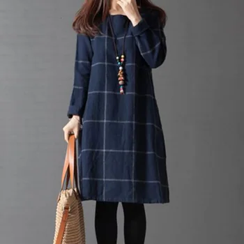 

Winter Autumn Women Long Sleeve Dress Cotton Linen Knee-length Casual Plaid Shirt Vestidos Robe Mujer Plus Size 3XL