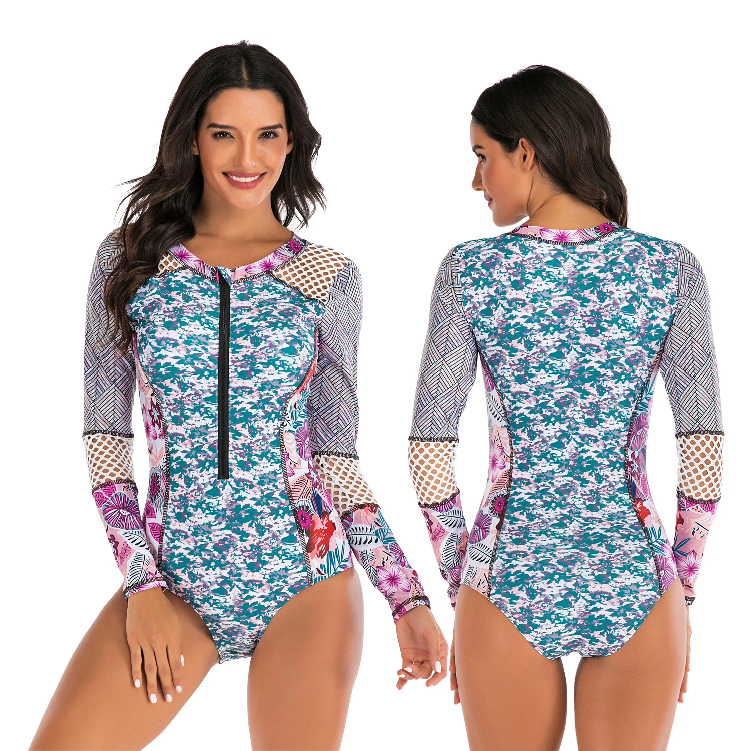 

Sun Protect Rash Guard Women Long Sleeve One Piece Swimsuit Diving Surf Swimwear Sun Protection Front Zipper Patchwork Rashguard