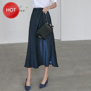 

Women Satin Skirt High Waist Vintage Silk Elegant Office Lady Midi Skirt 2020 Summer