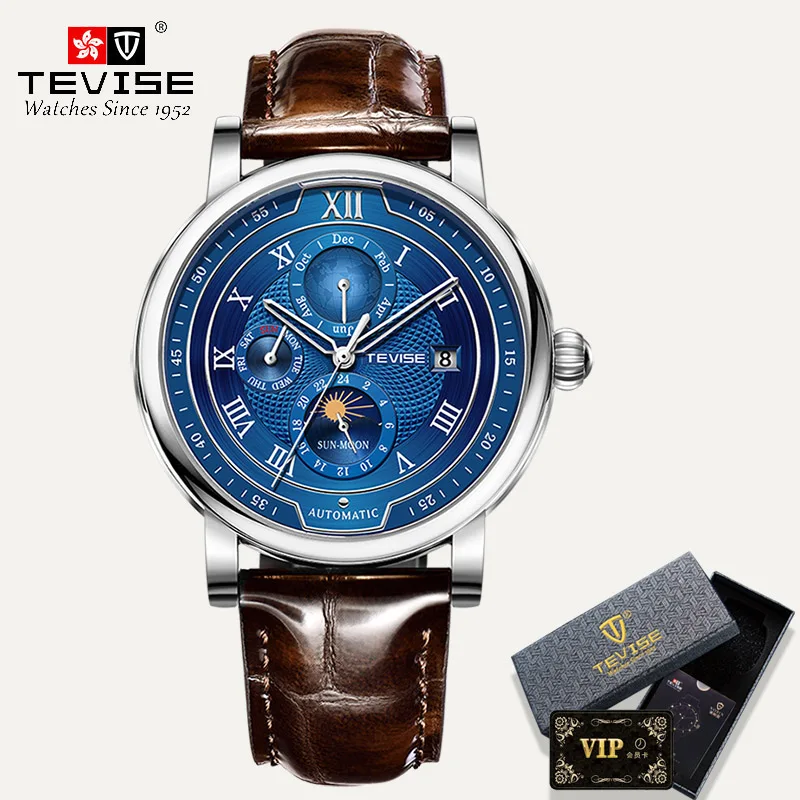 2021 New TEVISE Mens Mechanical Watches Top Brand Luxury Leather Moon Phase Automatic Watch Men Fashion Sport Waterproof Clock 