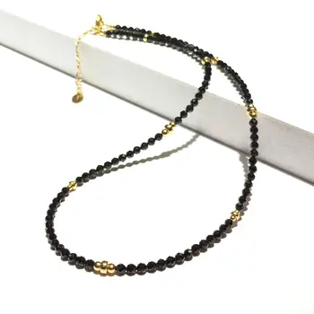 

Lii Ji 3mm Black Spinel Natural Stone Sparkling Beaded Necklace American 14K Gold Filled Necklace 40cm+5cm